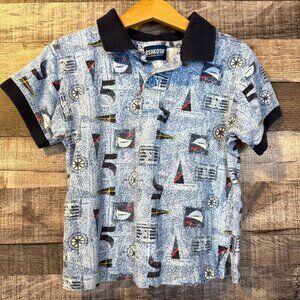Vintage Oshkosh Boys Nautical Short Sleeve Polo Shirt 3T 90s Boats Fishing Ocean